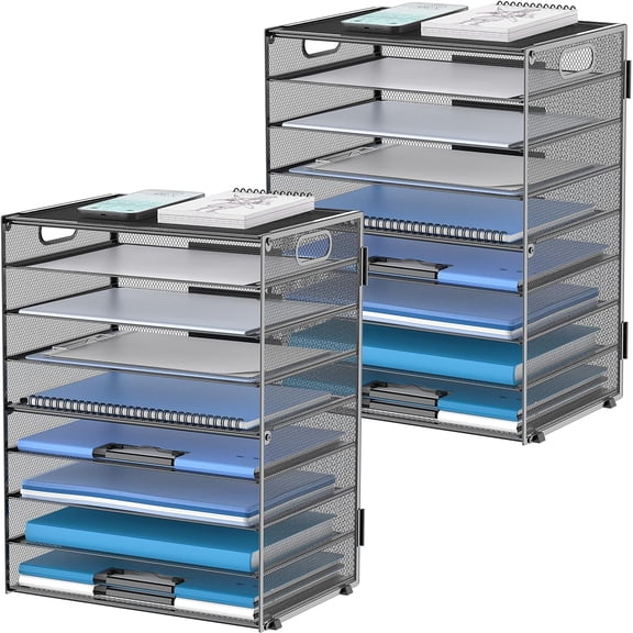 9-Tier Mesh Paper Organizer with Handles for Desk, Black 2 Pack