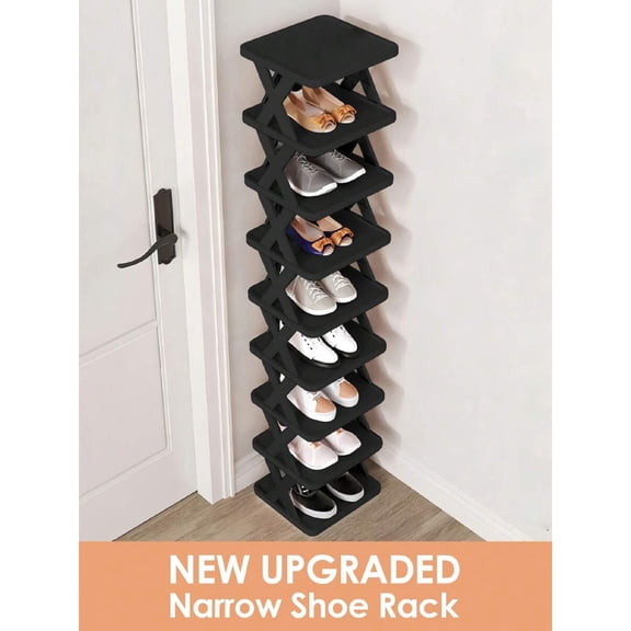 9-Tier Narrow Vertical Shoe Rack - Space-Saving Plastic Shoe Storage Organizer (Black & White) for Entryway, Closet & Hallway | Easy Assembly & Stable