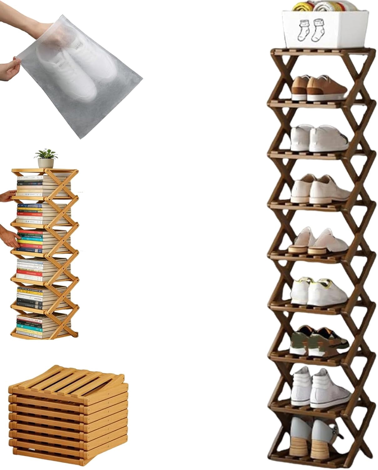 9-Tier No-Assembly Bamboo Folding Shoe Rack – Accordion Corner Shoe Shelf, 10+ Pairs Capacity, Slim Vertical Storage for Entryway, Closet & Dorm