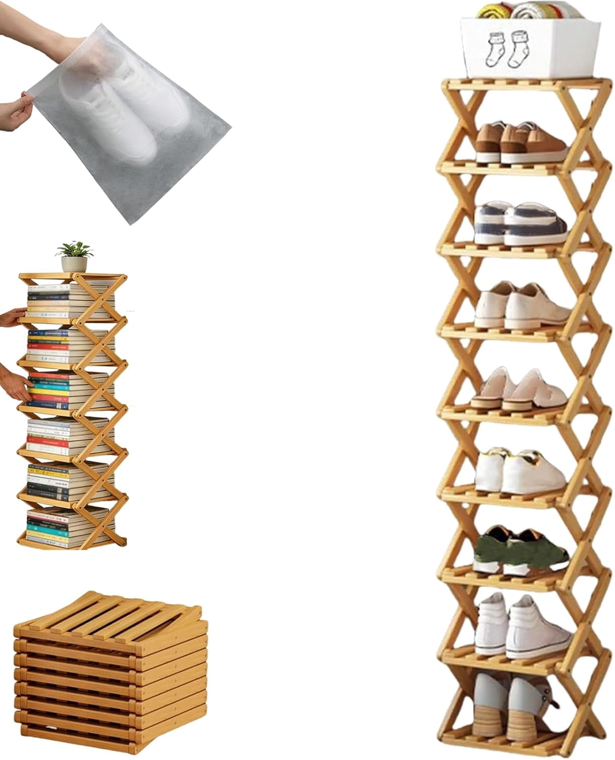 9-Tier No-Assembly Bamboo Folding Shoe Rack – Accordion Corner Shoe Shelf, 10+ Pairs Capacity, Slim Vertical Storage for Entryway, Closet & Dorm