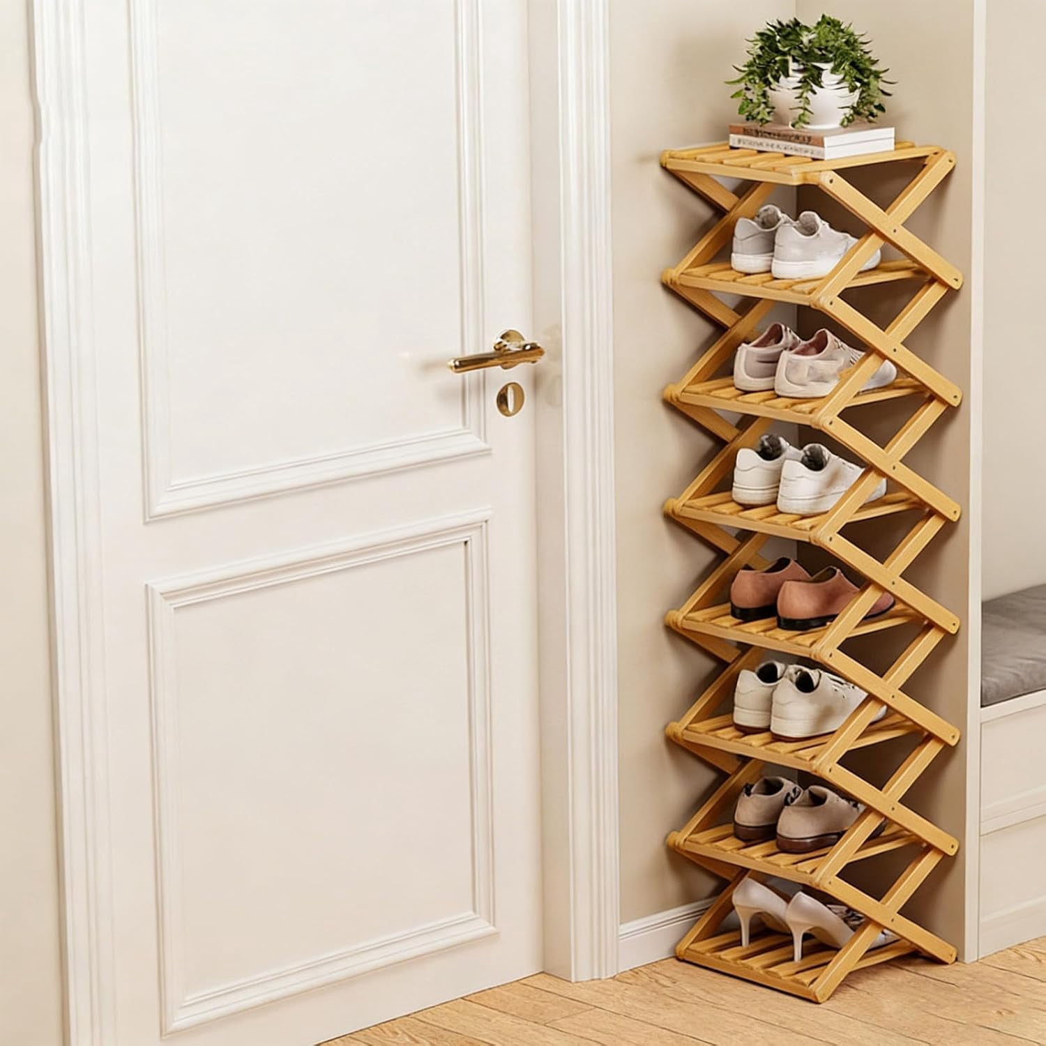 The 9-Tier No-Assembly Bamboo Rack, 2-9 Tier Folding Shoe Storage Rack, Space-Saving Organizer for Shoes, No Assembly Vertical Shoe Shelf for Entryway Closet Dorm (Brown,8 Tier)