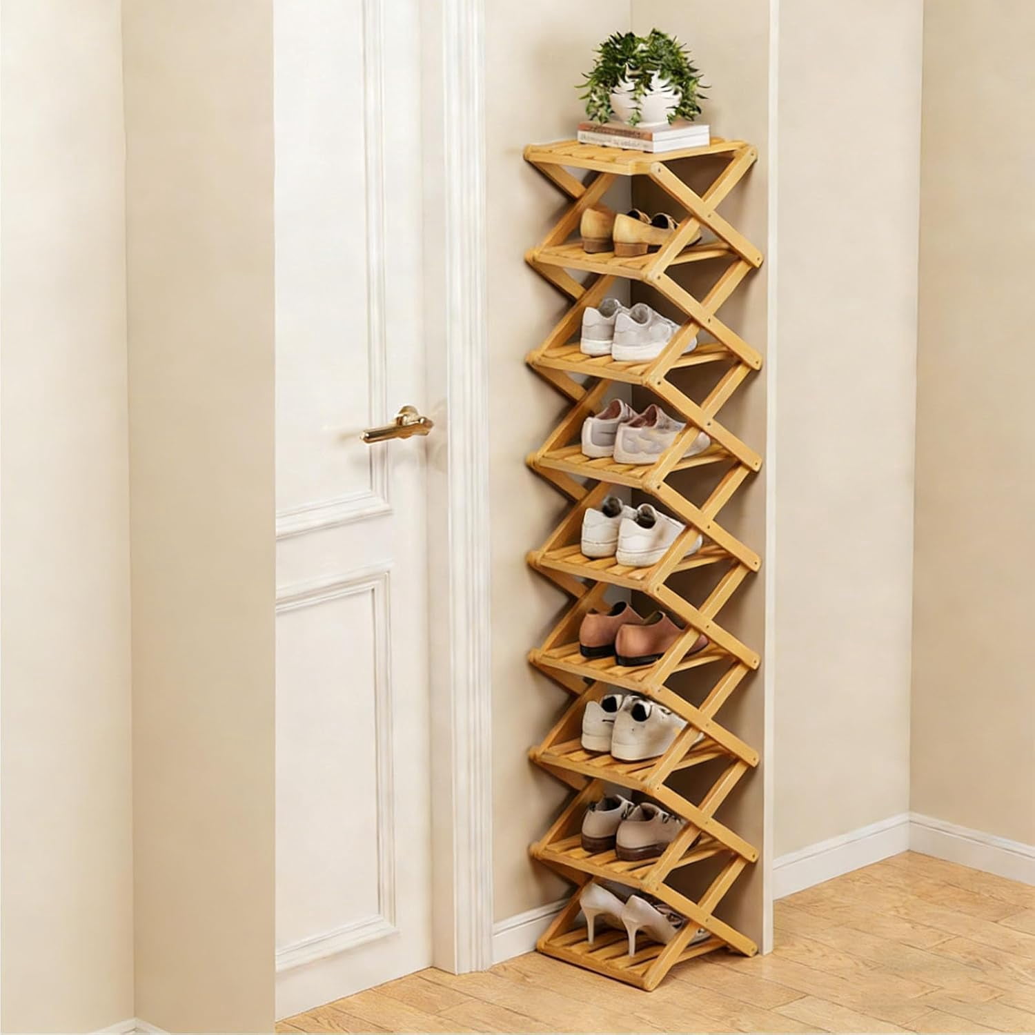 The 9-Tier No-Assembly Bamboo Rack, 2-9 Tier Folding Shoe Storage Rack, Space-Saving Organizer for Shoes, No Assembly Vertical Shoe Shelf for Entryway Closet Dorm (Natural, 9 Tier)