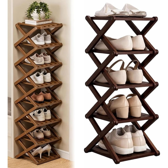 The 9-Tier No-Assembly Bamboo Rack, 2026 New 9 Tier Bamboo Shoe Rack, Vertical Foldable Shoe Storage Organizer for Small Spaces, Tall Narrow Shelf for Entryway, Closet, Bedroom