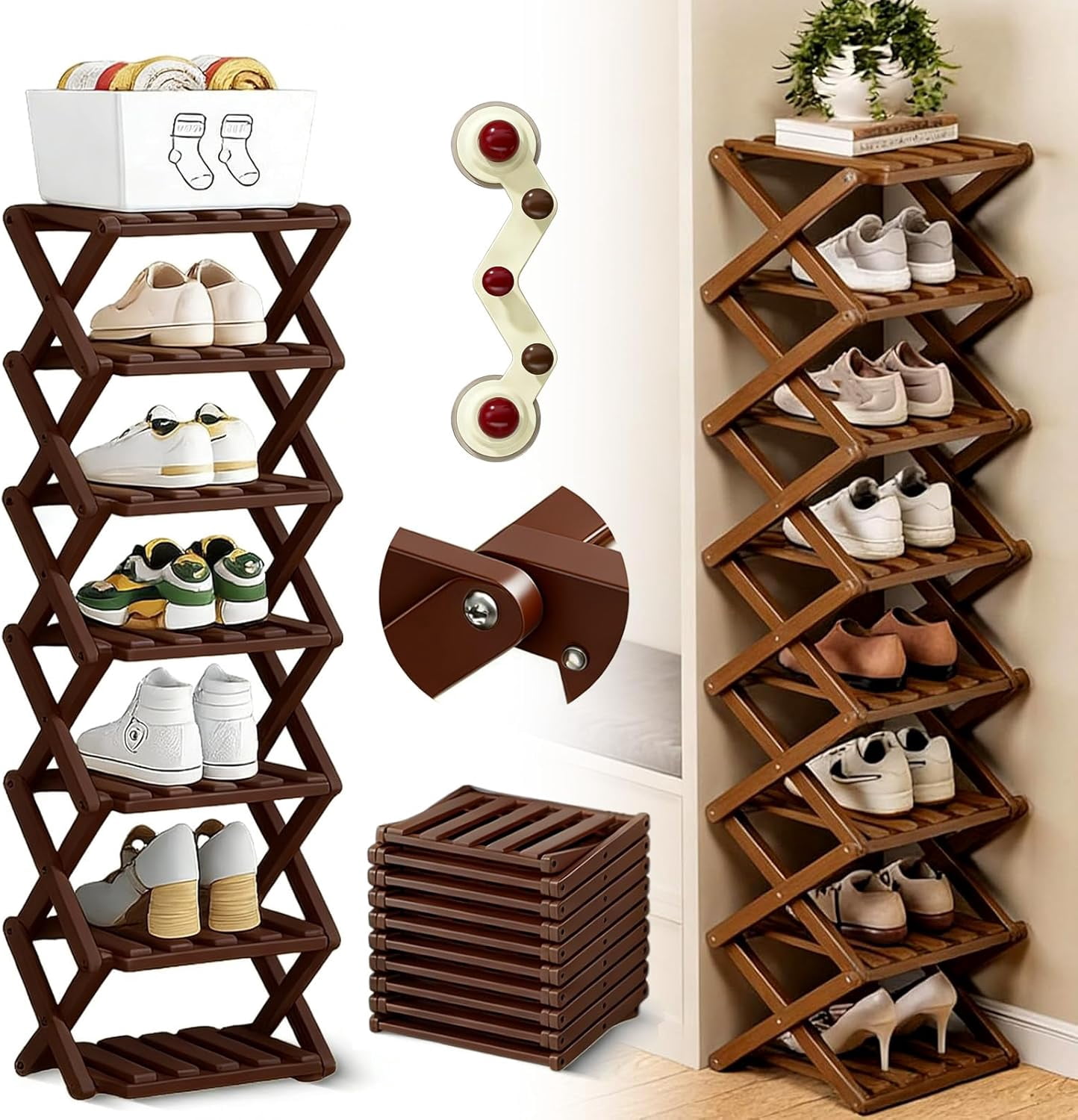 The 9-Tier No-Assembly Bamboo Rack, 2026 Upgraded Foldable 9 Tier Bamboo Corner Shoe Rack, Space-Saving Organizer for Shoes, No Assembly Narrow Shoe Shelf for Entryway Closet Dorm