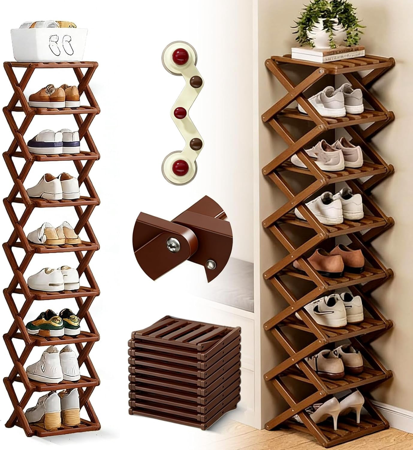 The 9-Tier No-Assembly Bamboo Rack, 2026 Upgraded Foldable 9 Tier Bamboo Corner Shoe Rack, Space-Saving Organizer for Shoes, No Assembly Narrow Shoe Shelf for Entryway Closet Dorm