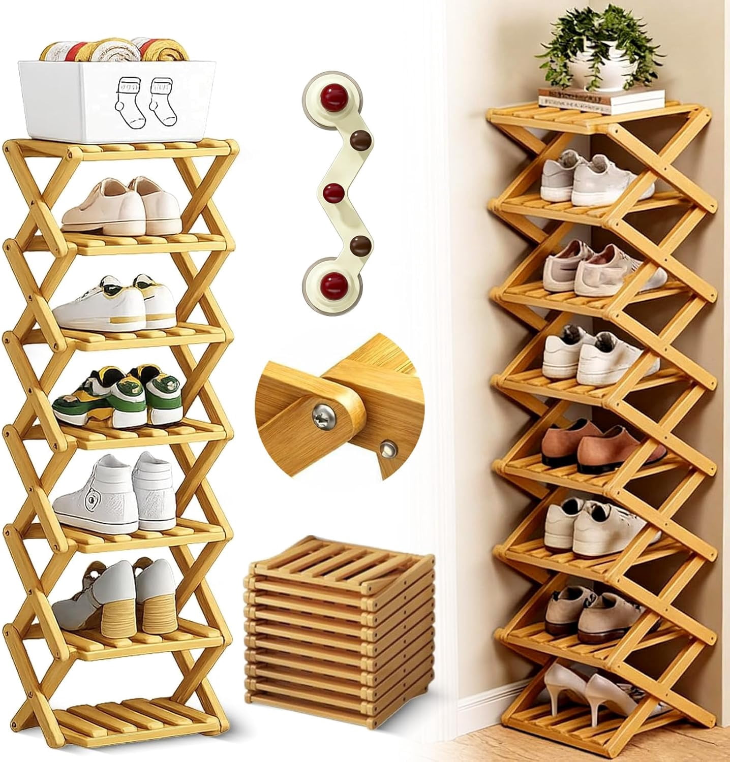 The 9-Tier No-Assembly Bamboo Rack, 2026 Upgraded Foldable 9 Tier Bamboo Corner Shoe Rack, Space-Saving Organizer for Shoes, No Assembly Narrow Shoe Shelf for Entryway Closet Dorm