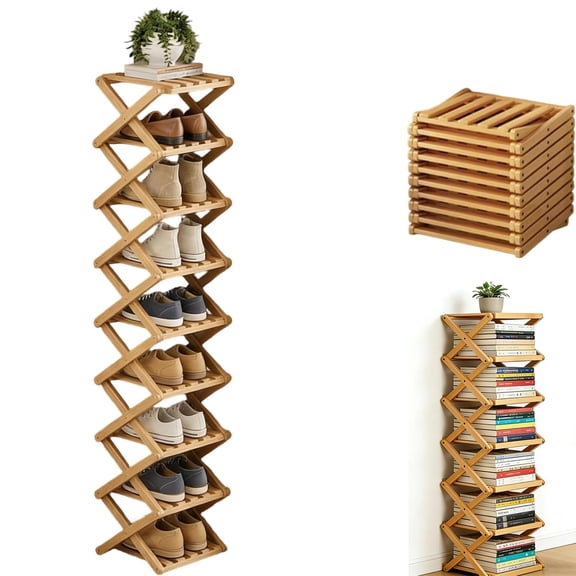 The 9-Tier No-Assembly Bamboo Rack, 3/5/6/7/9 Tier Bamboo Shoe Rack, Folding Shoe Racks, Vertical Foldable Bamboo Shoe Racks, Shoe Storage Organizer for Entryway, Livingroom