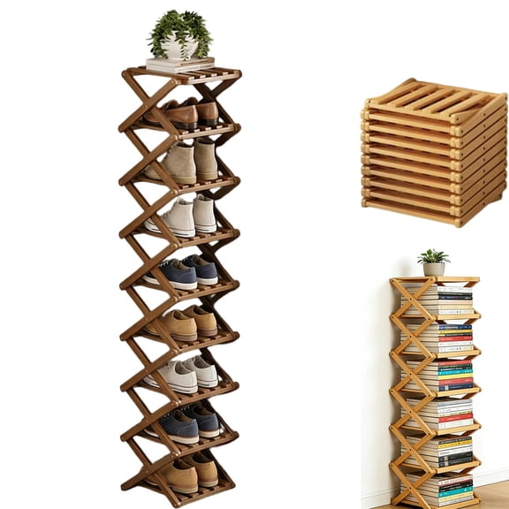 The 9-Tier No-Assembly Bamboo Rack, 3/5/6/7/9 Tier Bamboo Shoe Rack, Folding Shoe Racks, Vertical Foldable Bamboo Shoe Racks, Shoe Storage Organizer for Entryway, Livingroom