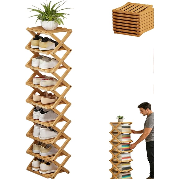 The 9-Tier No-Assembly Bamboo Rack, Foldable Accordion Corner Shoe Shelf, Narrow Standing Closet Shoe Organizer for Shoes, Books, Save Space, Easy to Use