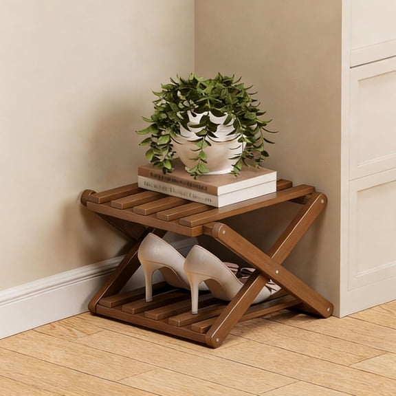 The 9-Tier No-Assembly Bamboo Rack, Foldable Space-Saving Organizer for Shoes, No Assembly Narrow Shoe Shelf for Entryway Closet Dorm (Brown, 2 layers)