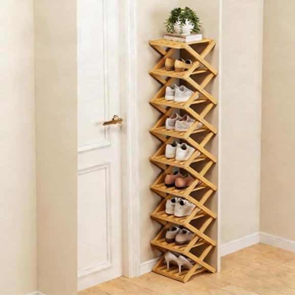 The 9-Tier No-Assembly Bamboo Rack - Foldable Space-Saving Organizer, Vertical Freestanding Bamboo Shelf, Tight Space Narrow Wooden Shoe Racks, Sturdy & Stable, Easy to Clean (9 Tier)Q
