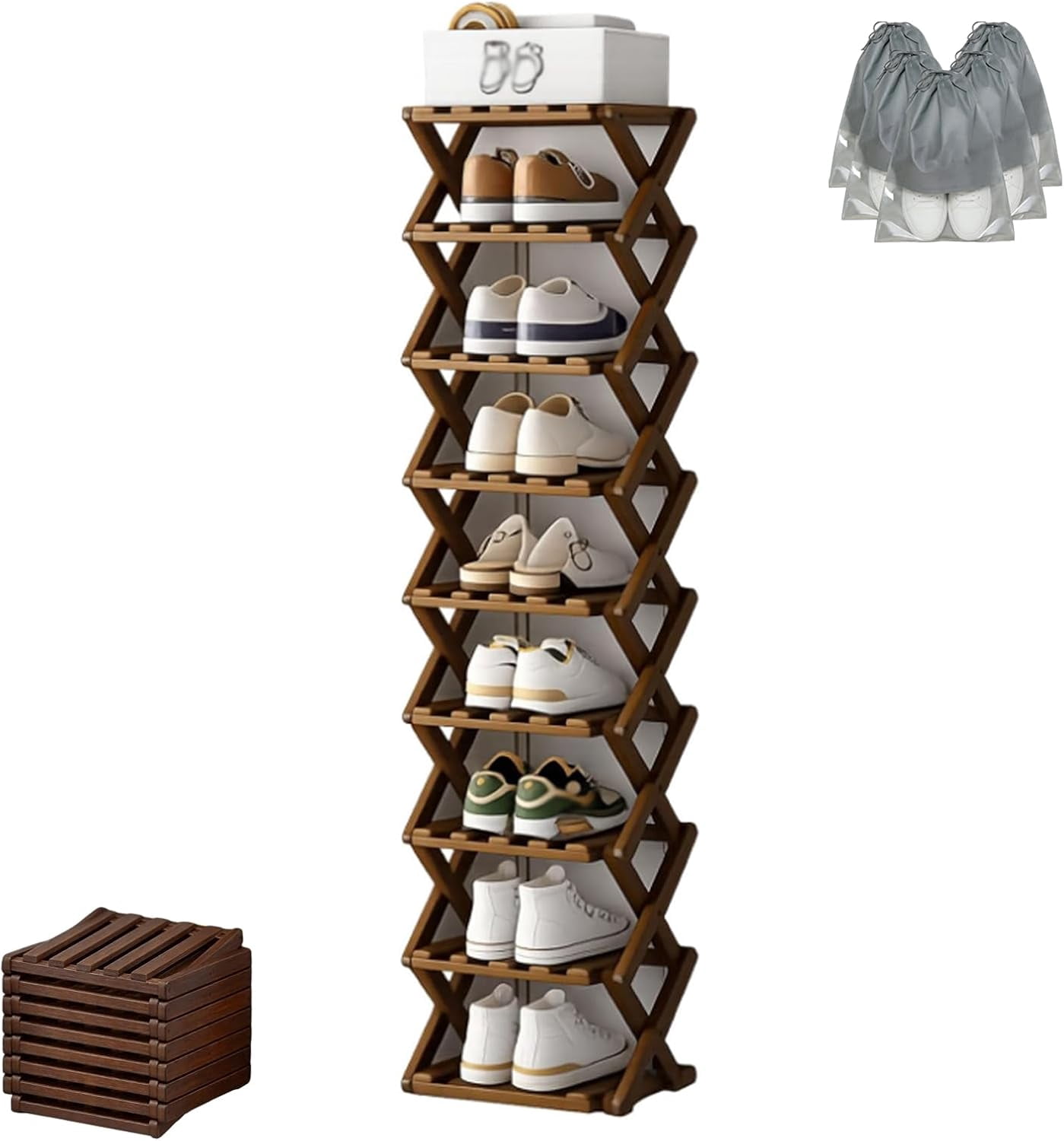 The 9-Tier No-Assembly Bamboo Rack, Foldable Vertical Corner Shoe Shelf ...
