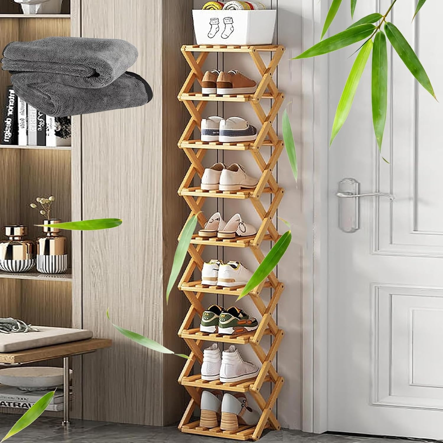 The 9-Tier No-Assembly Bamboo Rack, Foldable Vertical Narrow Wood Shoe ...
