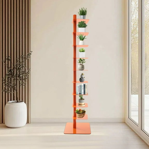 9-Tier Orange Rotating Spine Bookshelf Carbon Steel&Rubber Vertical Spine Book Tower for Home Living Room Office