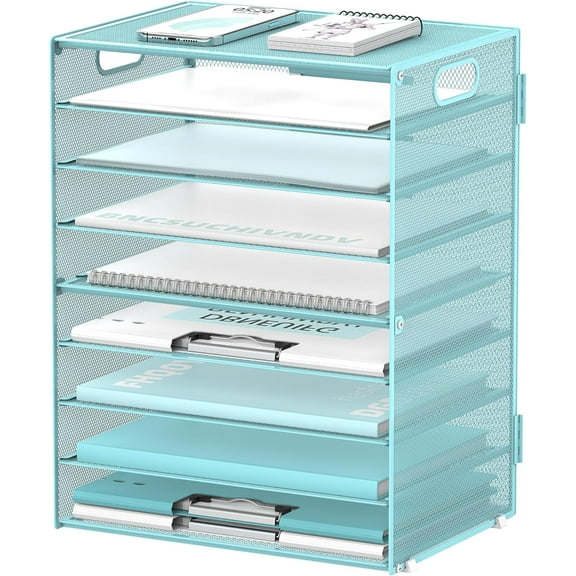 9-Tier Paper Letter Tray Desk Organizer with Handles, Mesh File Holder Organization, Paper Sorter Desk Organizer for Office Home School, Blue