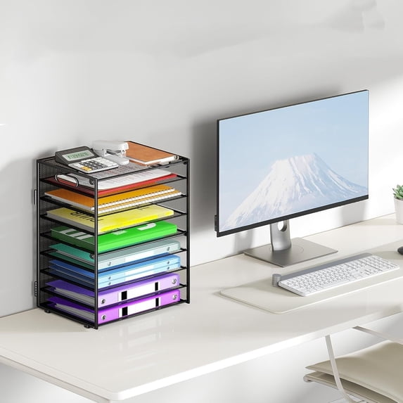 9 Tier Paper Organizer with Handle, Black Large Capacity Desk Organizer ...