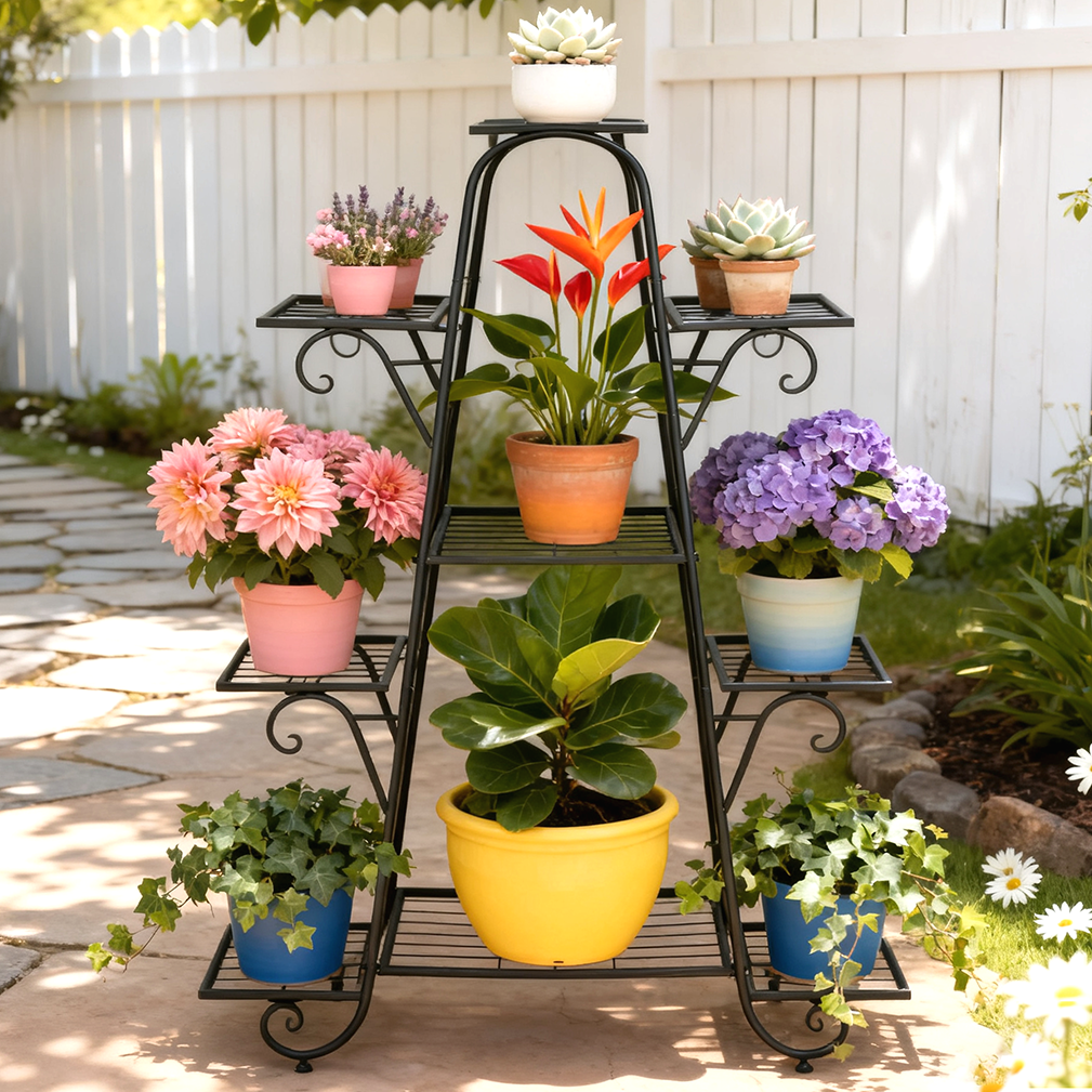 Walmart 9-Tier Outdoor Metal Plant Stand, Multilayer Tall Black Flower ...