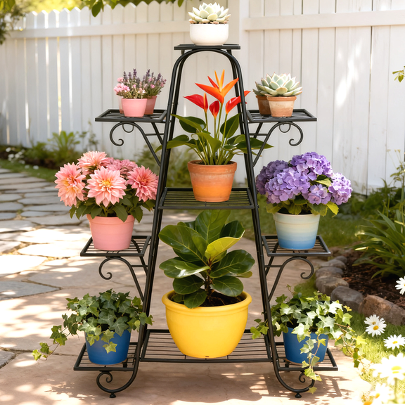 9 Tier Plant Stands Indoor Metal Plant Shelf Stand Black Multilayer Flower Potted Planters Display Rack Patio Garden