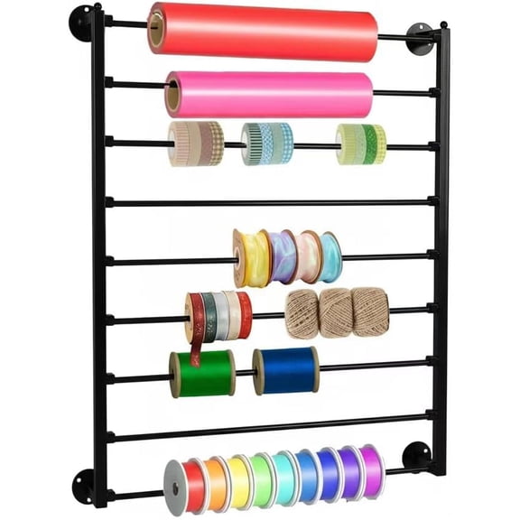 9 Tier Ribbon Storage Organizer, Wall Mounted Ribbon Holder, Wrapping Paper Rack for Craft Room, Cake Shop, Flower Store, Scarf Belt Organizer - Black, Metal, 27.55 x 35.43 x 3.93 Inches