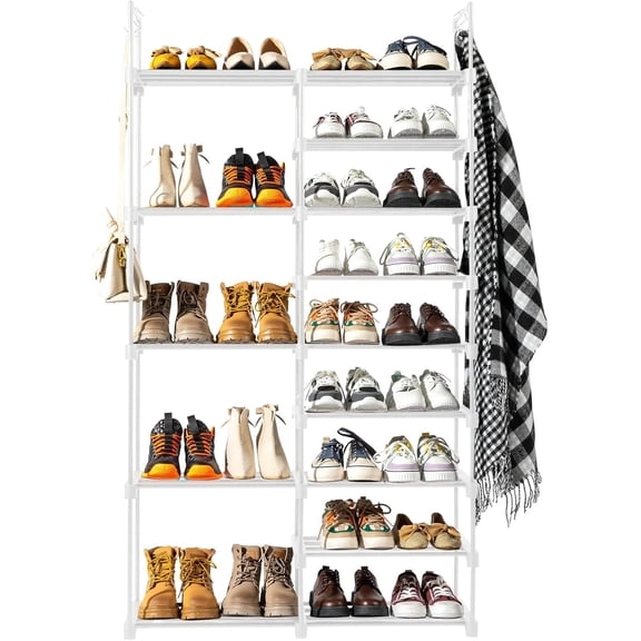 9-Tier Shoe Rack with Non-Woven Shelves and Sturdy Iron Pipe Frame in White, Space-Saving Organizer with PP Pads for Stability, Ideal for Entryway, Closet and Bedroom (White)