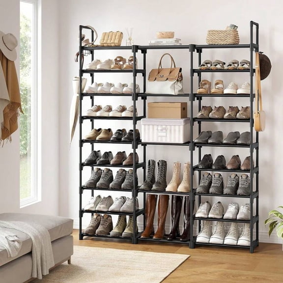 9-Tier Shoe Rack Organizer, High-Quality Black Metal Shoe Storage Rack Holds 50-55 Pairs, Stackable Design with Hooks for Entryway & Bedroom Closet