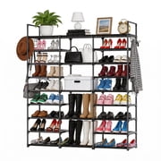 Behome 9-Tier Metal Shoe Rack, Tall Large Shoe Rack Storage Organizer with Hooks, Shoe Shelf for Entryway, Closet, Bedroom, Living Room, Black