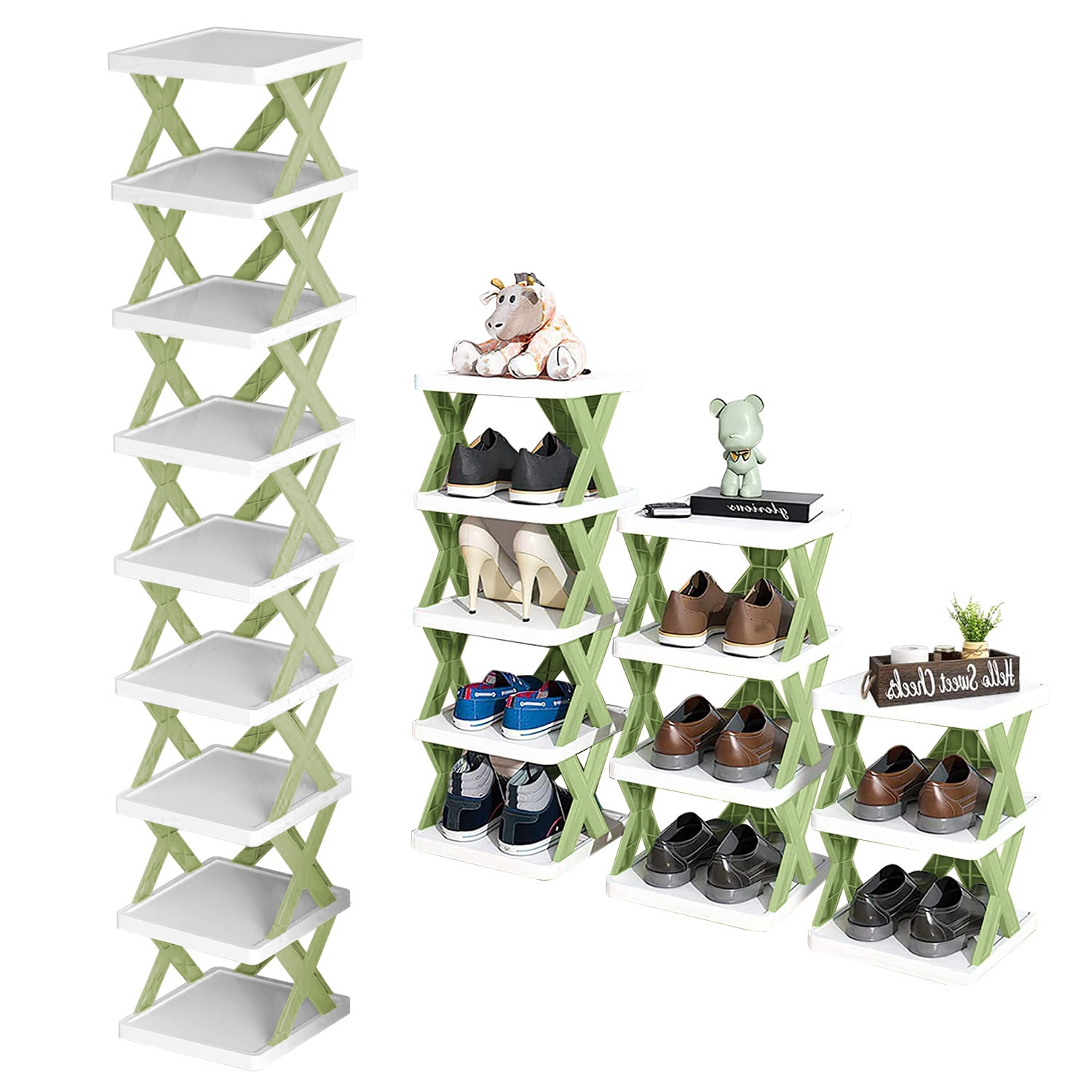 9-Tier Stackable Vertical Shoe Rack TeqHome DIY Narrow Free Standing Shoe Organizer Space Saving for Entryway and Bedroom Green