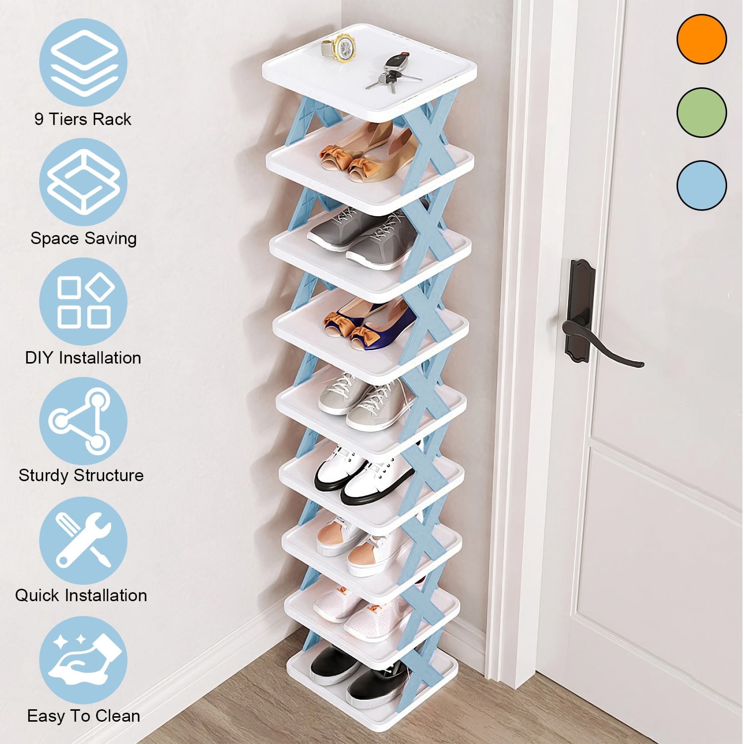 9 Tiers Vertical Shoe Rack Plastic Stackable Shoe Rack Tall Narrow Shoe Rack for Entryway Blue