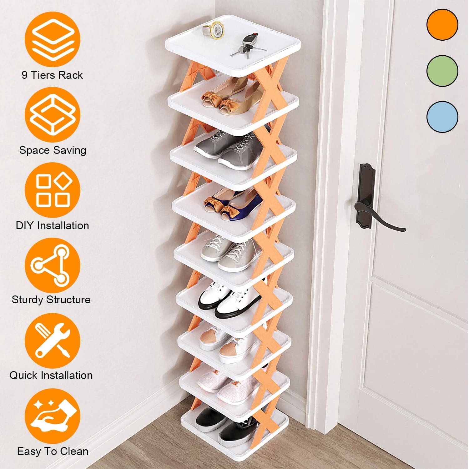 9 Tiers Vertical Shoe Rack Shoe Organizer, Plastic Stackable Tall Narrow Shoe Rack for Entryway Orange