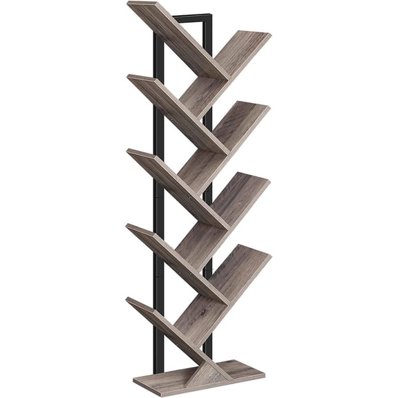 9-Tier Tree Bookshelf, Freestanding Wooden Storage Shelf, Rustic Brown Display Rack for Books, CDs, Living Room, Bedroom and Home Office