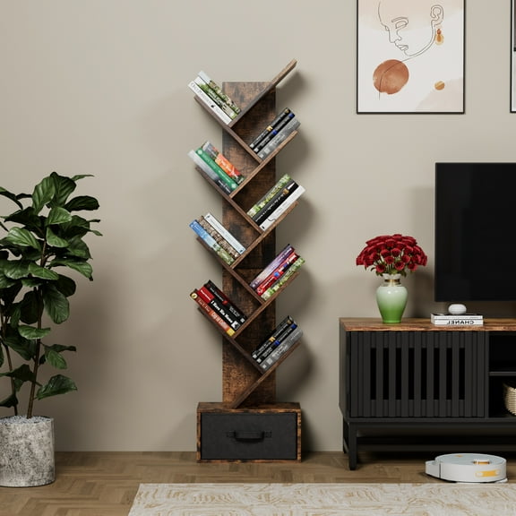 9-Tier Tree Bookshelf with Storage Drawer, Modern Rustic Book Organizer, Space-Saving Free-Standing Shelves for Home Office, Living Room & Bedroom, Sturdy Anti-Tip Design