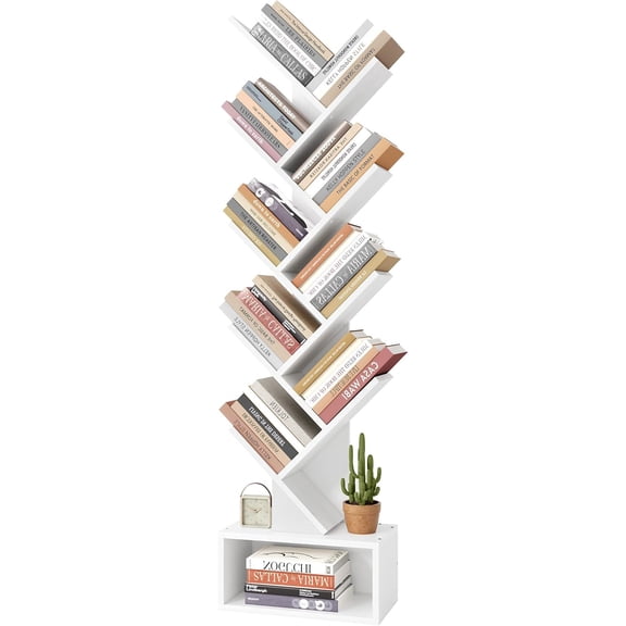 9 Tier Tree Bookshelf, Tall Bookcase with Drawer, Wood Book Shelf, Modern Floor Standing Bookshelves, Book Organizer Shelves for Bedroom, Living Room, Home Office, White