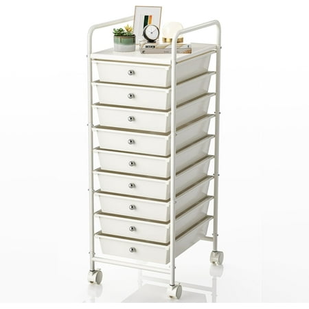 9-Tier Utility Cart with 9 Drawers, Rolling Utility Cart with 2 Lockable Caster Wheels, Multipurpose Mobile Rolling Storage Drawer Cart for Office Bathroom Kitchen, Ivory White
