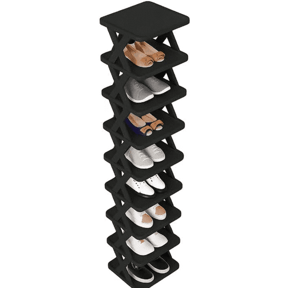 YuanChao 9-Tier Vertical Narrow Shoe Rack, Freestanding Plastic Shoe Storage Organizer for Entryway, Closet, Hallway, Easy to Assemble, Black