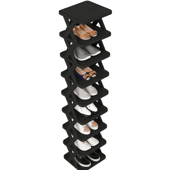 9-Tier Vertical Shoe Rack, Narrow Free-Standing Shoe Storage Organizer, Compact Plastic Shoe Shelf for Entryway, Closet or Hallway, Easy Assembly, Black
