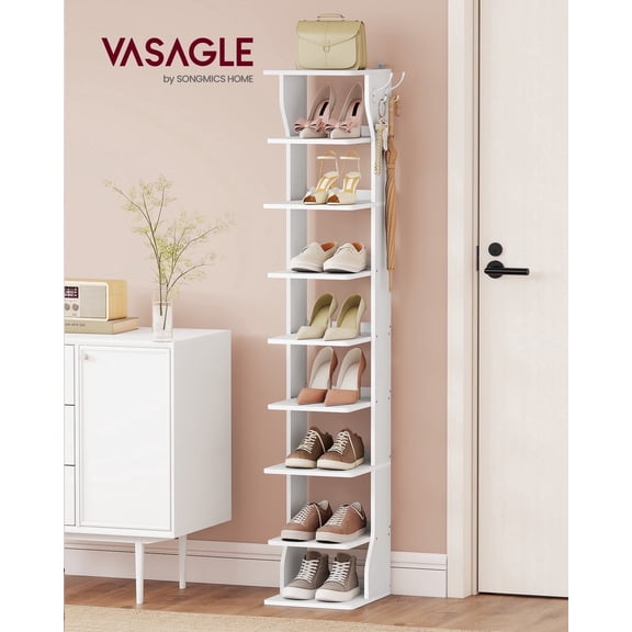 VASAGLE 9-Tier Vertical Shoe Rack, Narrow Shoe Storage Organizer with Hooks, Slim Corner Tower Shelf, Space Saving for Entryway and Bedroom, White