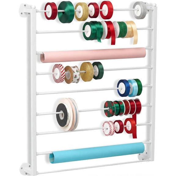 9 Tier Wall Mounted Ribbon Organizer Metal Ribbon Holder Organizer Rack Wrapping Paper Storage for Sewing Craft Mesh Thread Tape Wreath Crochet Craft Room Flower Shop