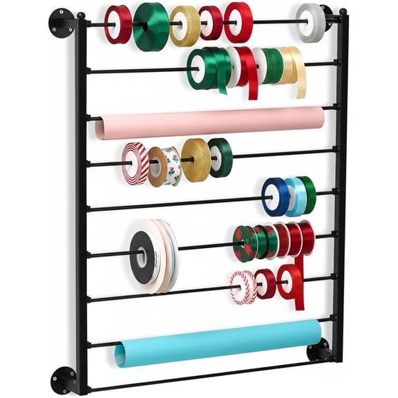 9 Tier Wall Mounted Ribbon Organizer Metal Ribbon Holder Organizer Rack Wrapping Paper Storage for Sewing Craft Mesh Thread Tape Wreath Crochet Craft Room Flower Shop(Black)