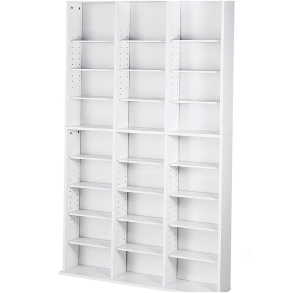 9-Tier White Particle Board Media Storage Display Shelf with 27 Customizable Compartments for Music Movie and Game Collection Organization