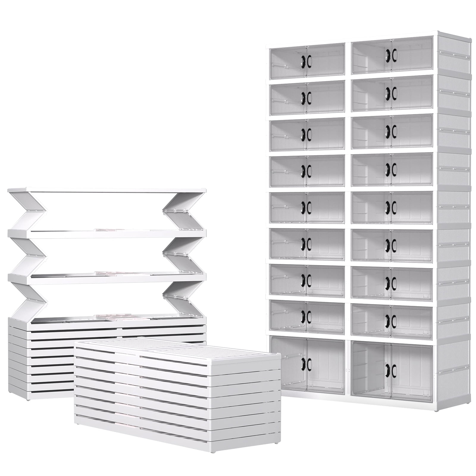 9 Tiers 2 Row Foldable Shoe Rack, Transparent Shoe Boxes with Magnetic Double Doors