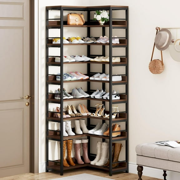 9 Tiers Corner Shoe Rack, Tall Shoe Rack Organizer, Large Shoe Storage Shelf for Entryway Hallway Closet, Rustic Brown