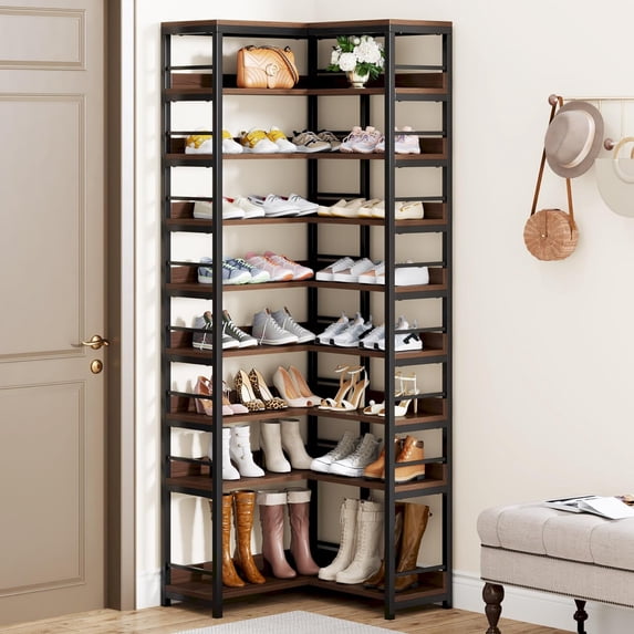 Tribesigns 9 Tiers Corner Shoe Rack, Tall Shoe Organizer, Large Shoe Storage Shelf, Rustic Brown