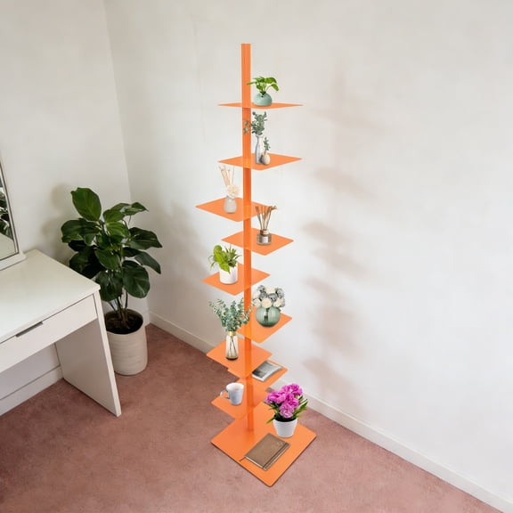 9 Tiers Orange Floor Standing Metal Spine Bookshelf Vertical Bookshelf Rotatable Vertical Bookshelf with Stable Base