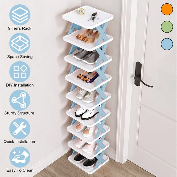 9 Tiers Vertical Shoe Rack Plastic Stackable Shoe Rack Tall Narrow Shoe Rack for Entryway Blue