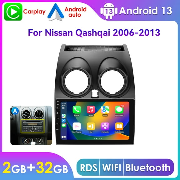 9" Touch Screen Android 13 Bluetooth Apple CarPlay 2+32GB Wifi AUX Car Stereo Radio Head Unit GPS Navigation Player For Nissan Qashqai 2006 2007 2008 2009 2010 2011 2012 2013