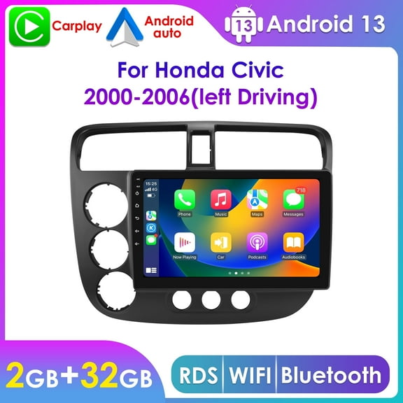 9" Touch Screen Android 13 Bluetooth Apple CarPlay 2+32GB Wifi AUX Car Stereo Radio Head Unit Multimedia GPS Navigation Player For Honda Civic 2000 2001 2002 2003 2004 2005 2006