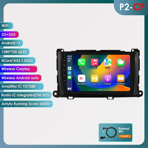 9" Touch Screen Android 13 Bluetooth Apple CarPlay 2+32GB Wifi AUX Car Stereo Radio Head Unit Multimedia GPS Navigation Player For Toyota Sienna 2010 2011 2012 2013 2014