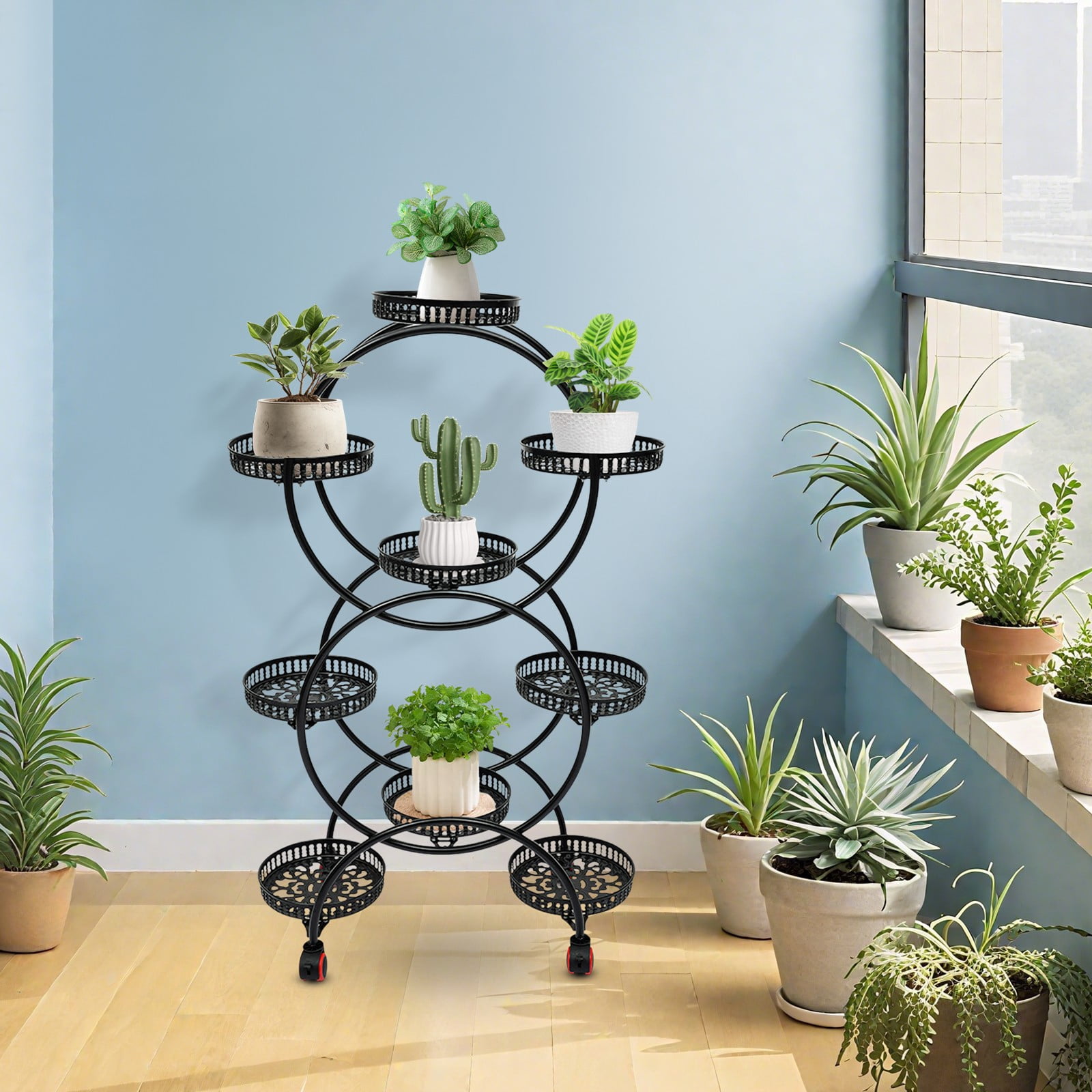 9 Trays Metal Plant Stand Rack Black Flower Pot Holder W/Wheels Indoor ...