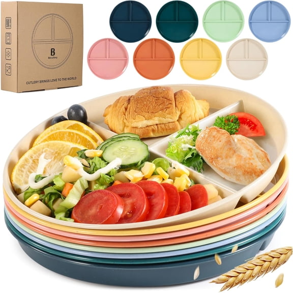 9" Unbreakable Divided Plates (8 PCS). Microwave & Dishwasher Safe! For kids & adults. Wheat straw, BPA - free. Portion control for health/weight loss. 3 -compartment, durable & smooth.