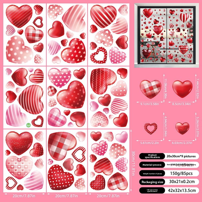 9 Valentine's Day window stickers, double-sided heart-shaped window ...